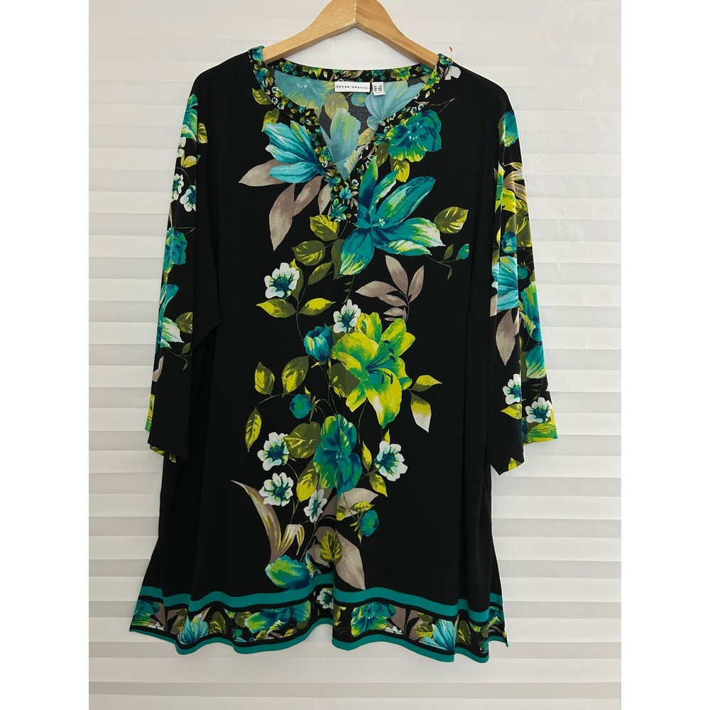 Susan Graver Liquid Knit Floral Tunic Top Black Teal Green 3X Notched V-Neck